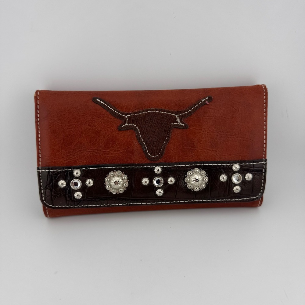 Western Longhorn Wallet Brown Fair Rhinestone Concho Studs‎ (3777)